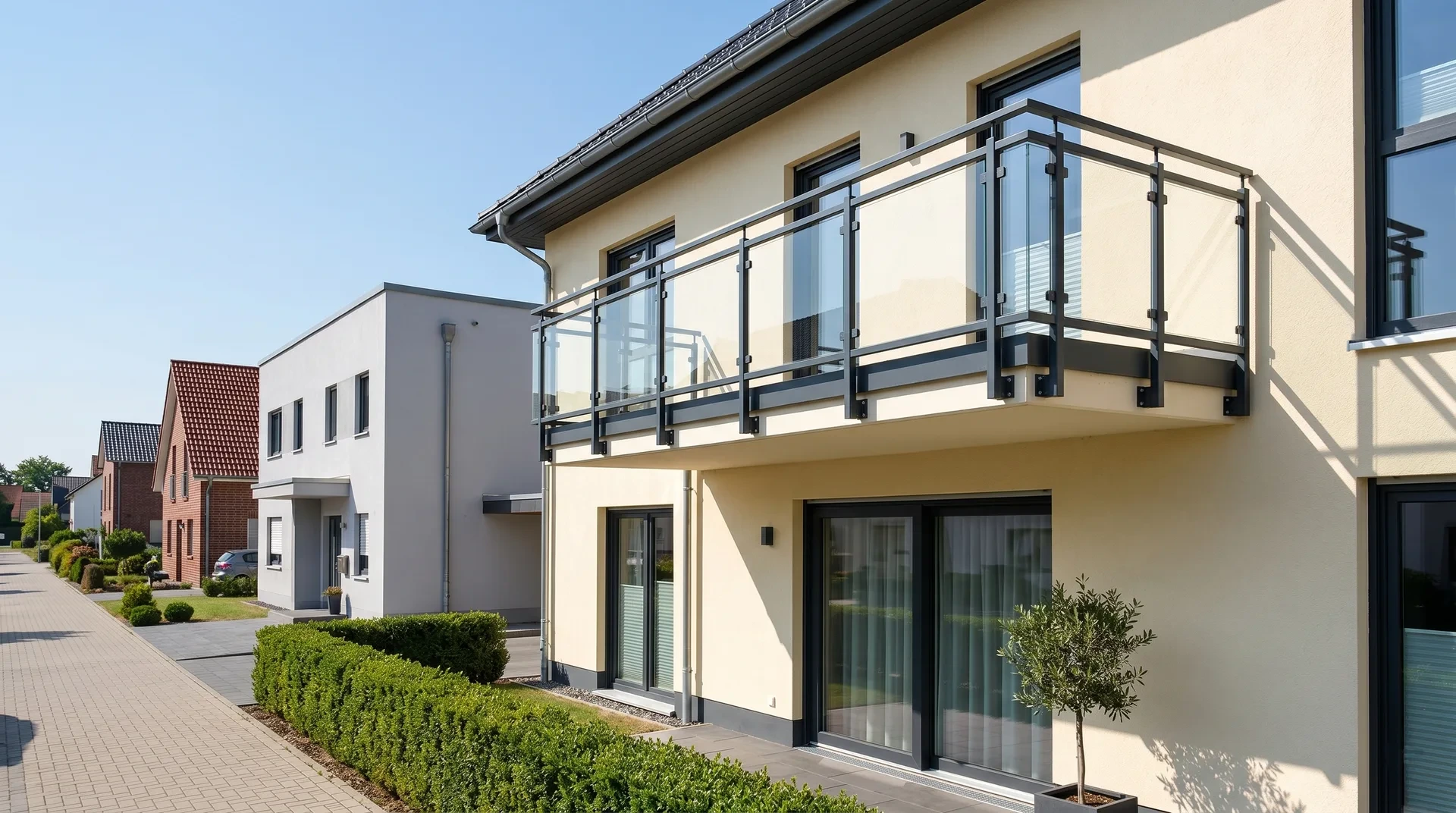 Balkongeländer aus Stahl an modernem Wohnhaus