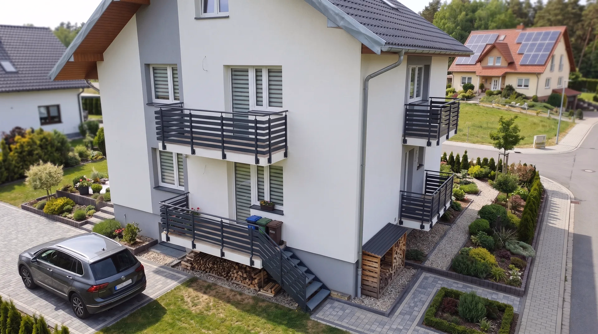 Balkongeländer aus Stahl mit horizontalen Stäben in Anthrazit an einem Einfamilienhaus in Rostock