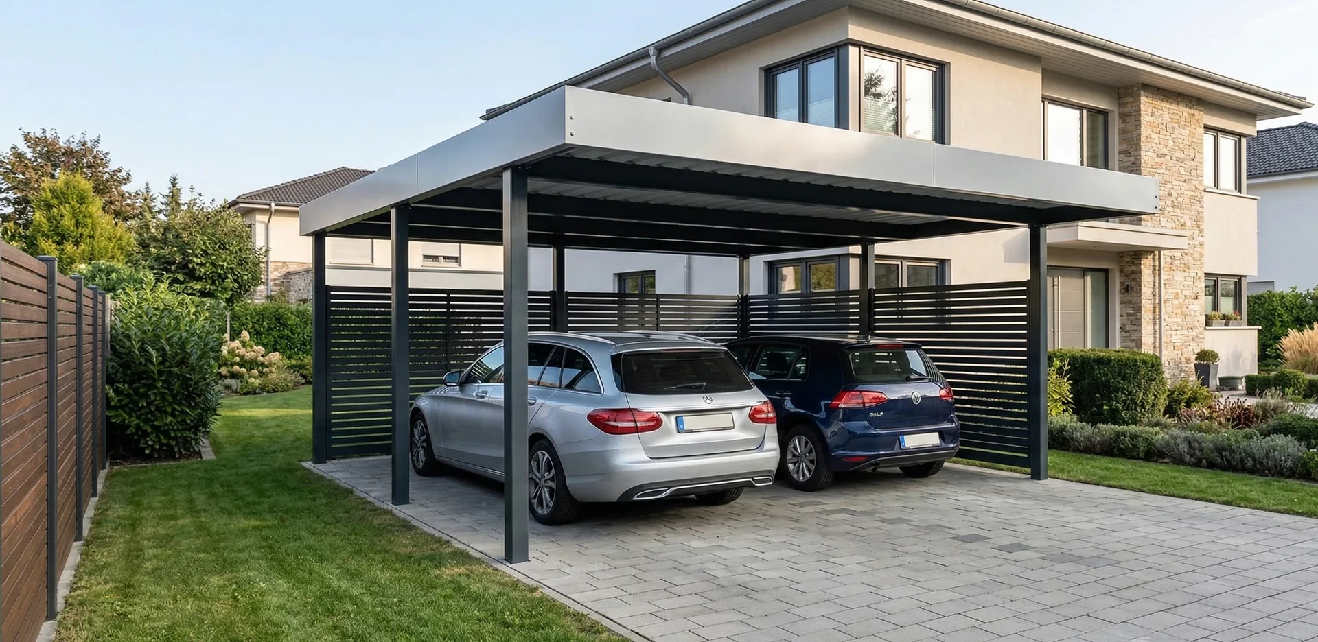 Doppelcarport aus Metall an Einfamilienhaus