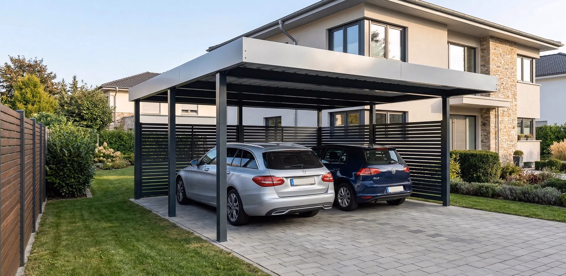 Doppelcarport aus Metall mit zwei Fahrzeugen als Beispiel