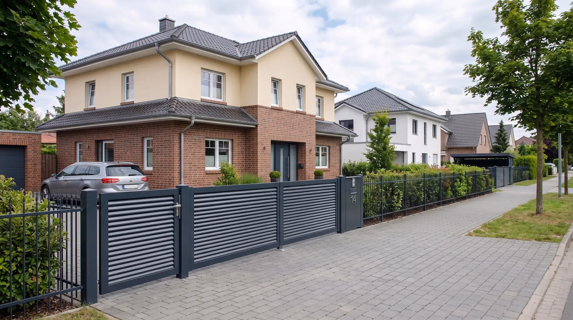 Drehflügeltor mit Lamellen an einem Klinkerhaus in Eberswalde
