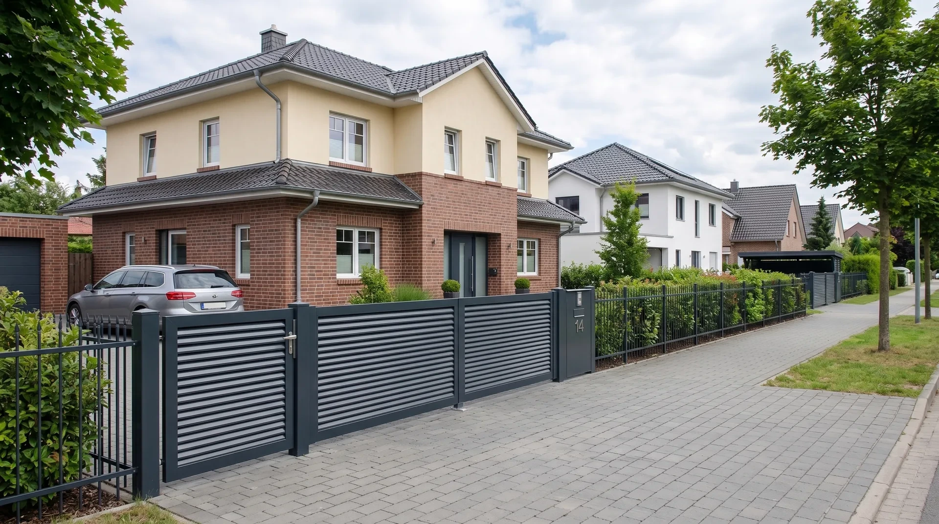 Drehflügeltor mit Lamellen an einem Klinkerhaus in Eberswalde