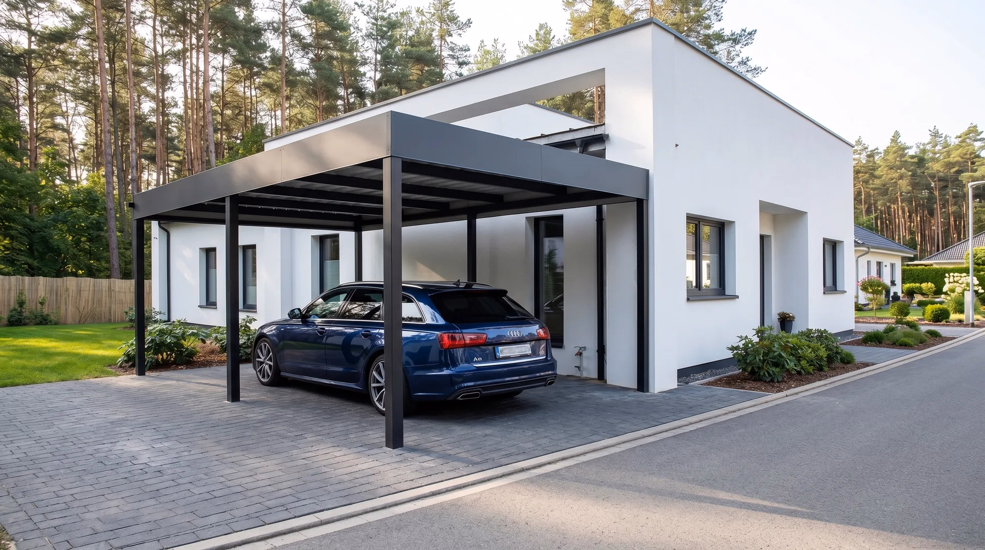 Einzelcarport aus Stahl mit Flachdach an modernem Bauhausstil-Haus in Dresden