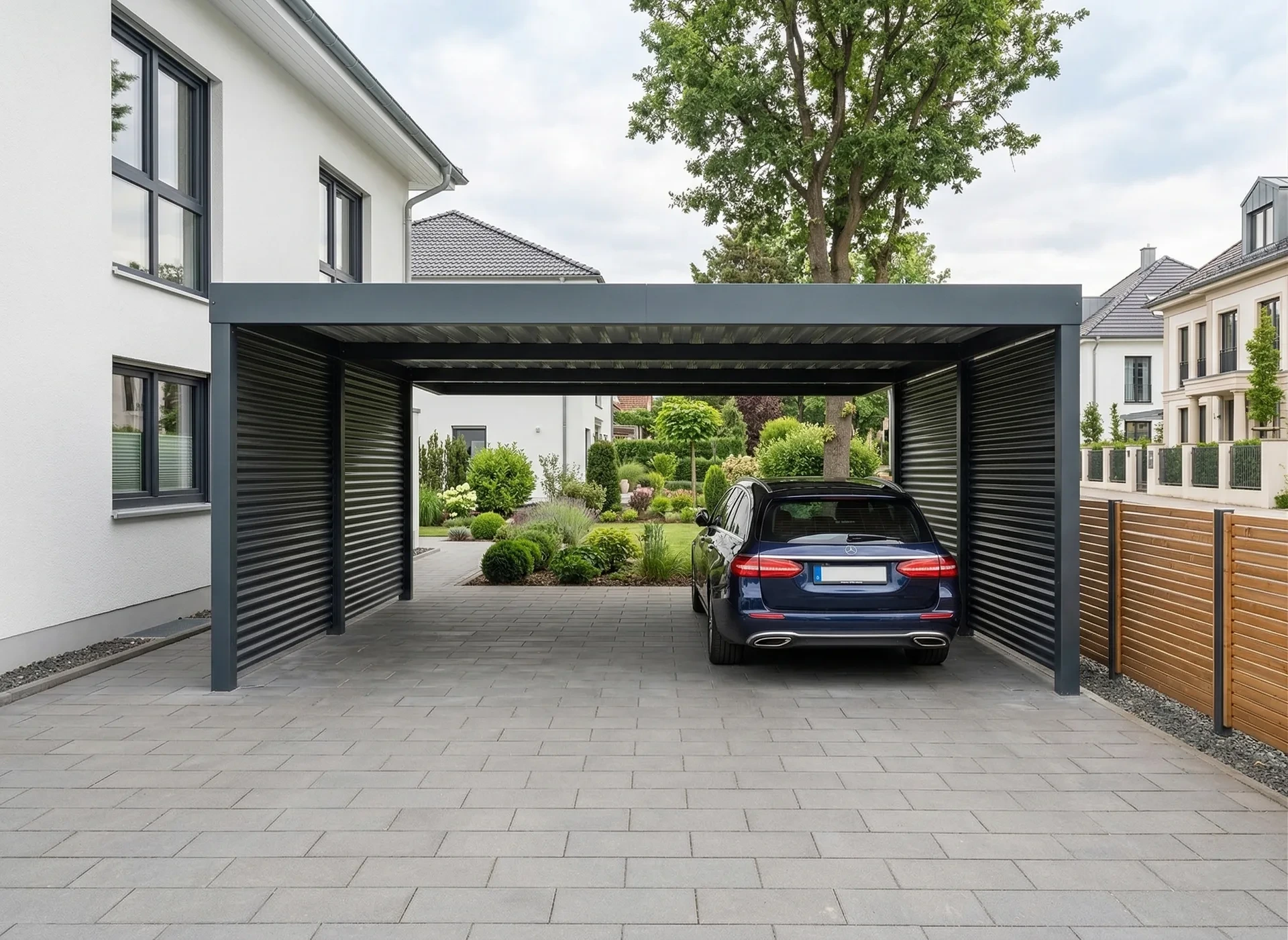Einzelcarport aus Stahl mit Lamellen-Seitenwand in Hamburg