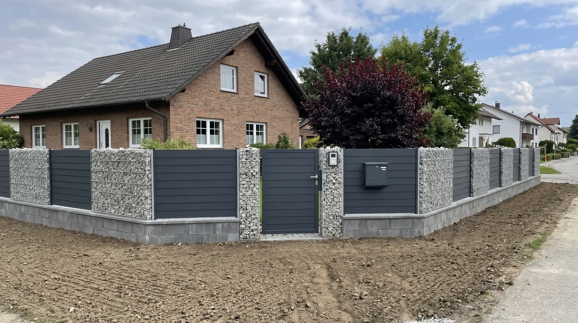 Gabionenzaun mit Lamellenfüllung und Pforte mit Briefkasten an einem Klinkerhaus in Dresden