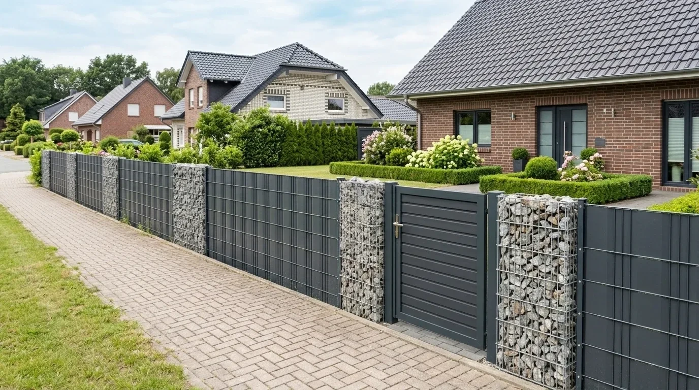 Gabionenzaun mit Lamellen-Sichtschutz und Pforte in einer Siedlung in Schwerin