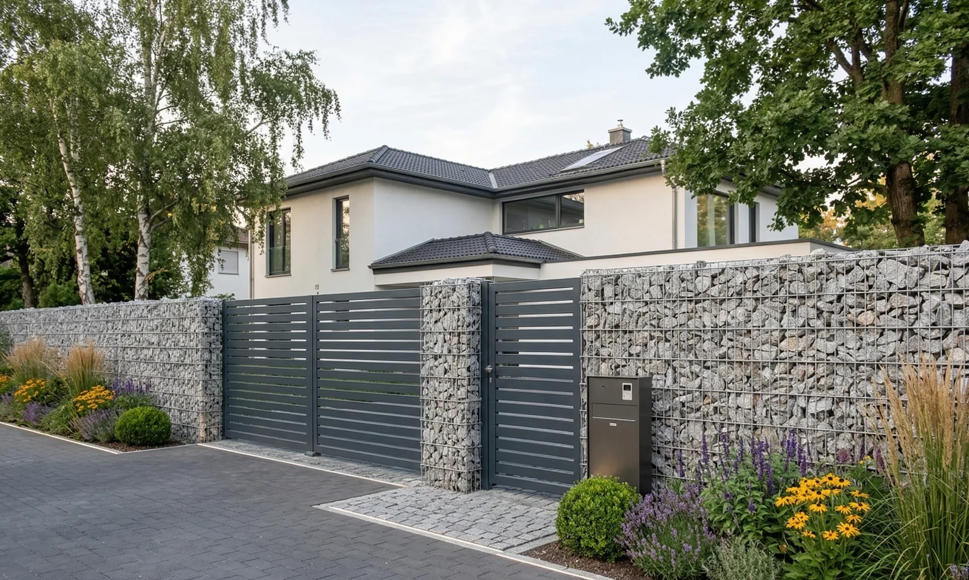 Gabionenzaun mit Naturstein und Lamellentor als Einfriedung in Leipzig