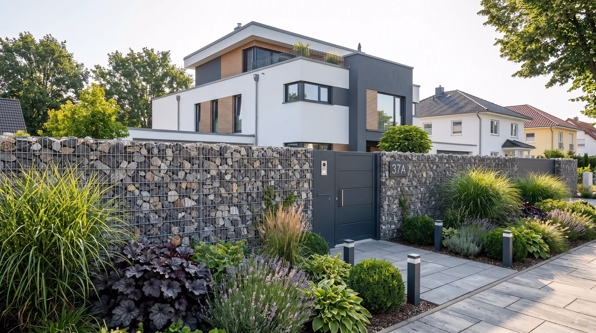 Gabionenzaun mit Naturstein und Pforte an einem modernen Kubushaus in Erfurt
