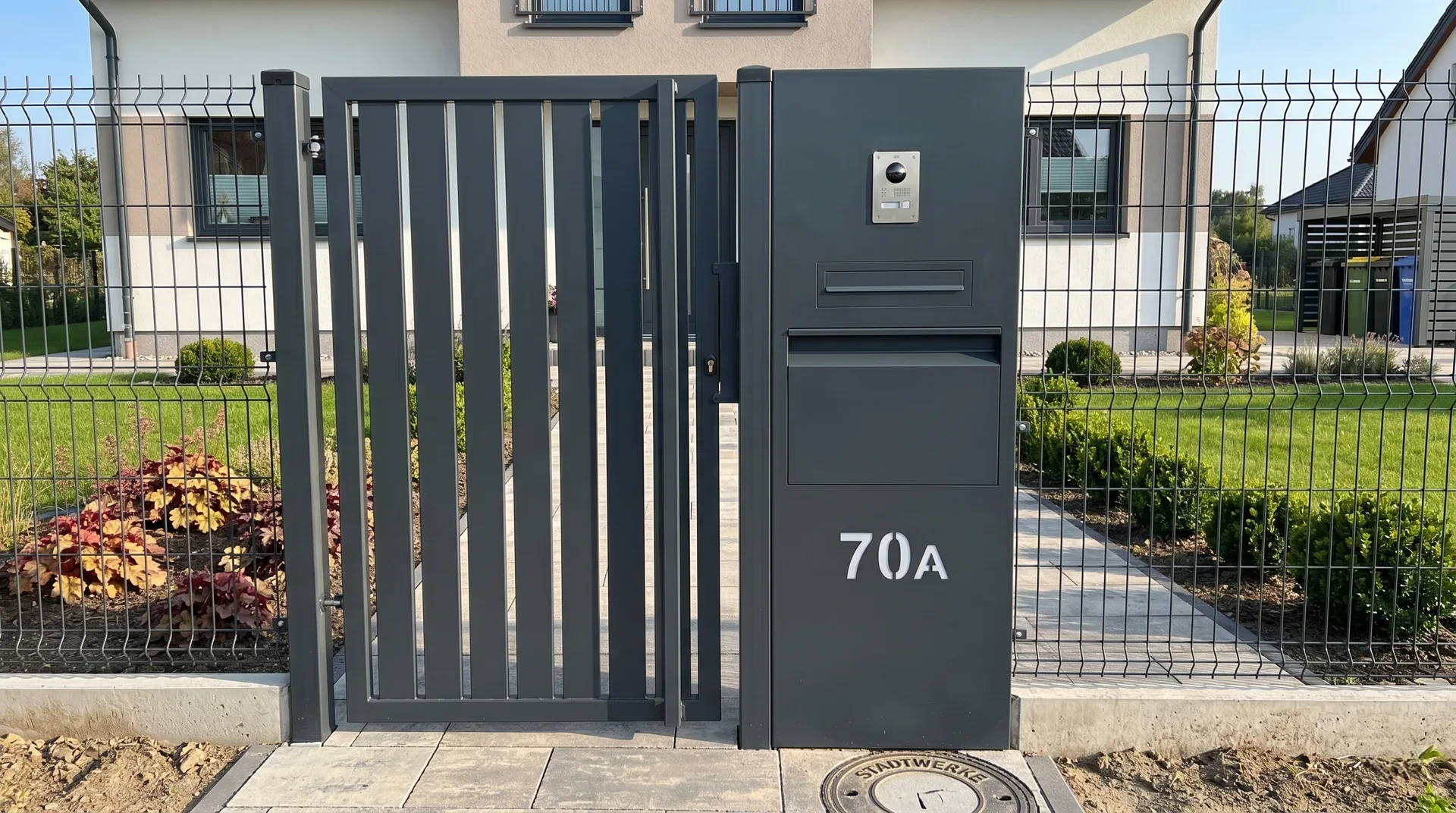 Gartenpforte mit vertikalen Stäben zum Doppelstabmattenzaun mit Briefkasten in Leipzig