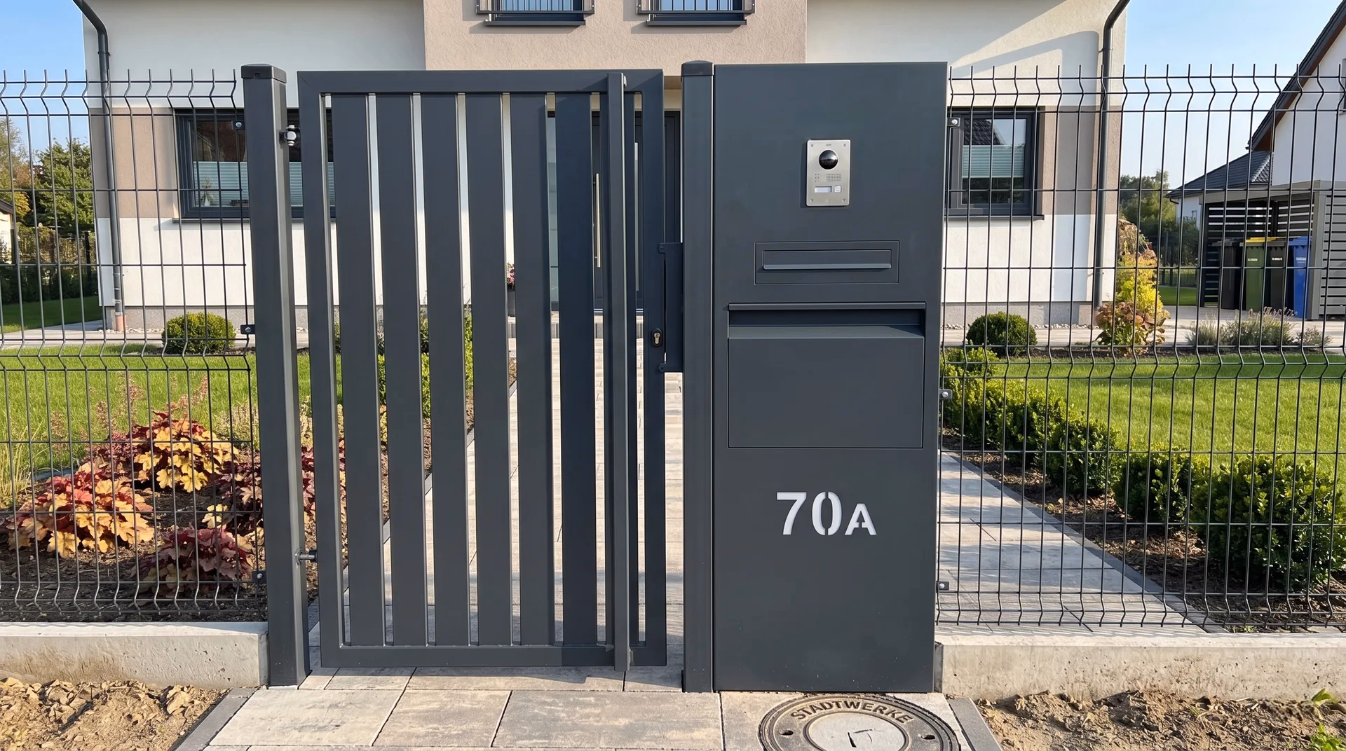 Gartenpforte mit vertikalen Stäben zum Doppelstabmattenzaun mit Briefkasten in Leipzig