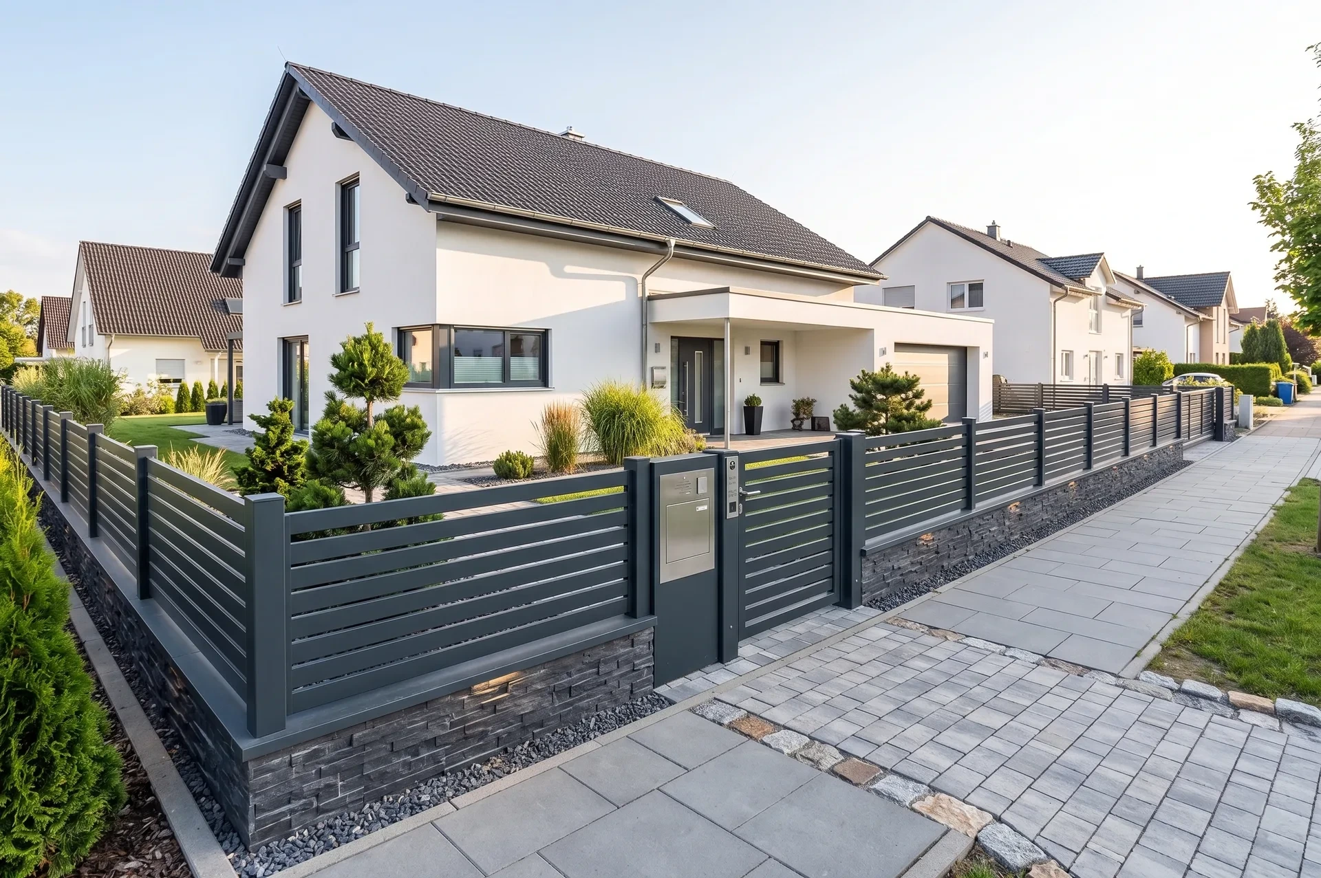 Moderner Metallzaun mit horizontalen Lamellen in Anthrazit in Berlin-Lichterfelde