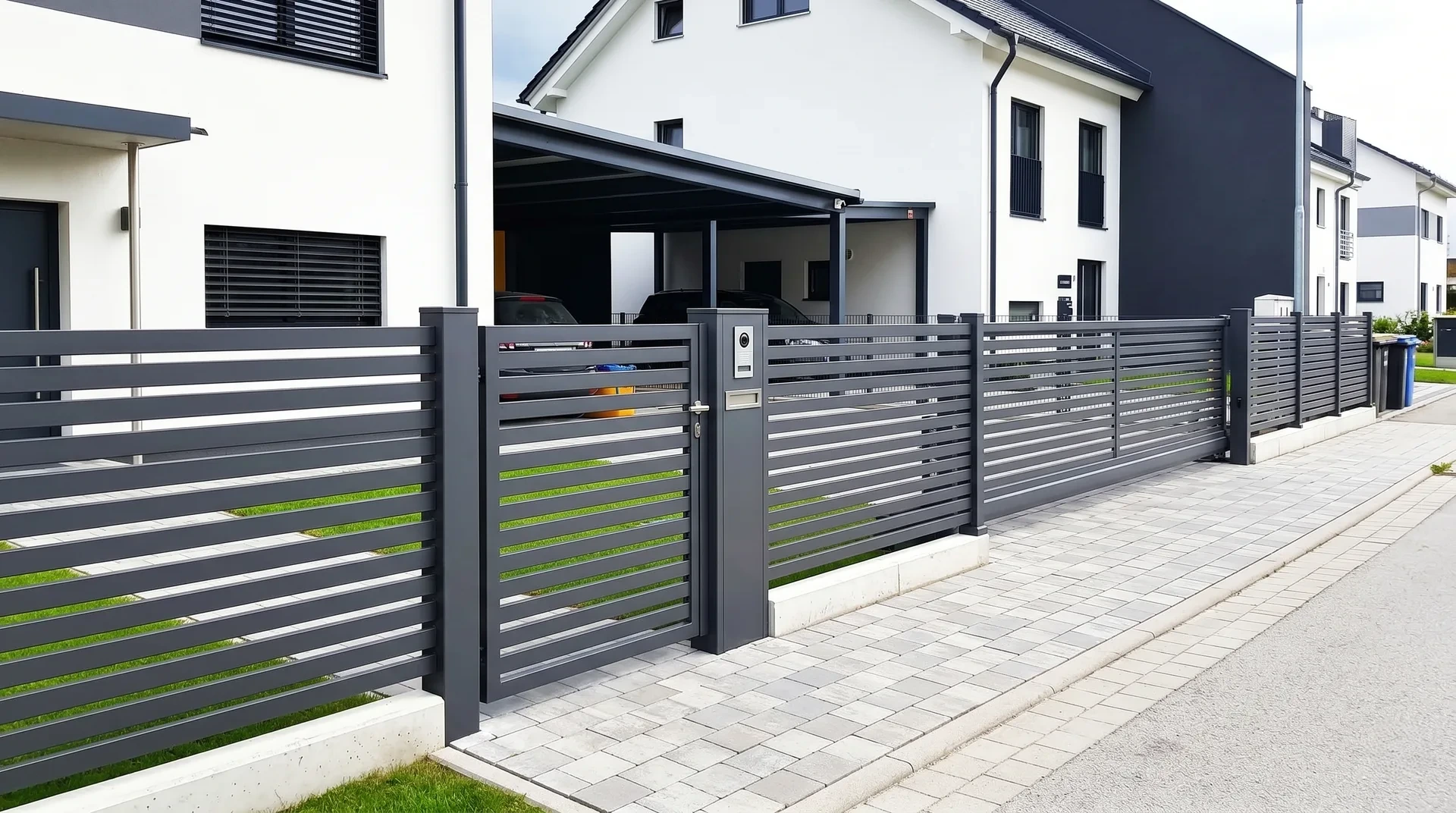 Metallzaun mit horizontalen Lamellen und Pforte neben Carport in Erfurt