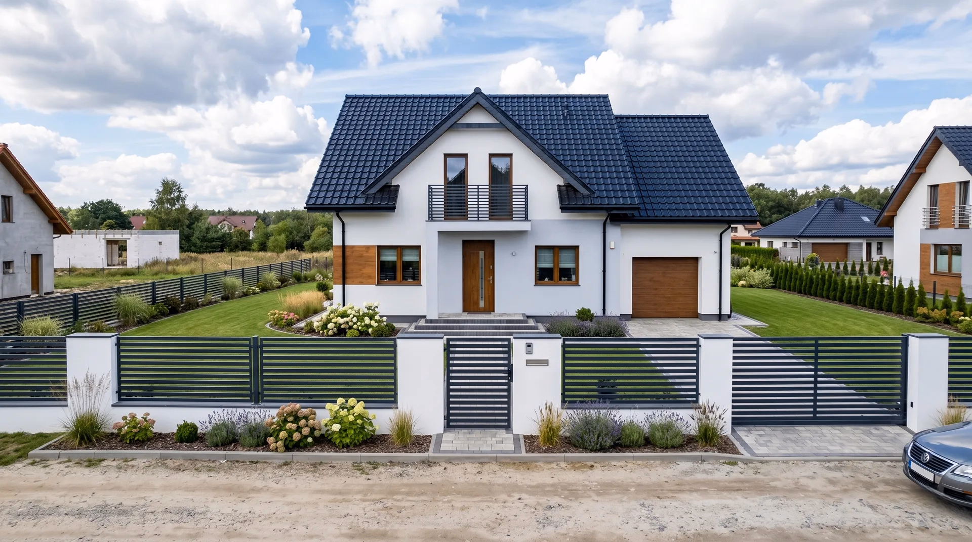 Metallzaun mit horizontalen Lamellen und Schiebetor an einem Einfamilienhaus in Hamburg
