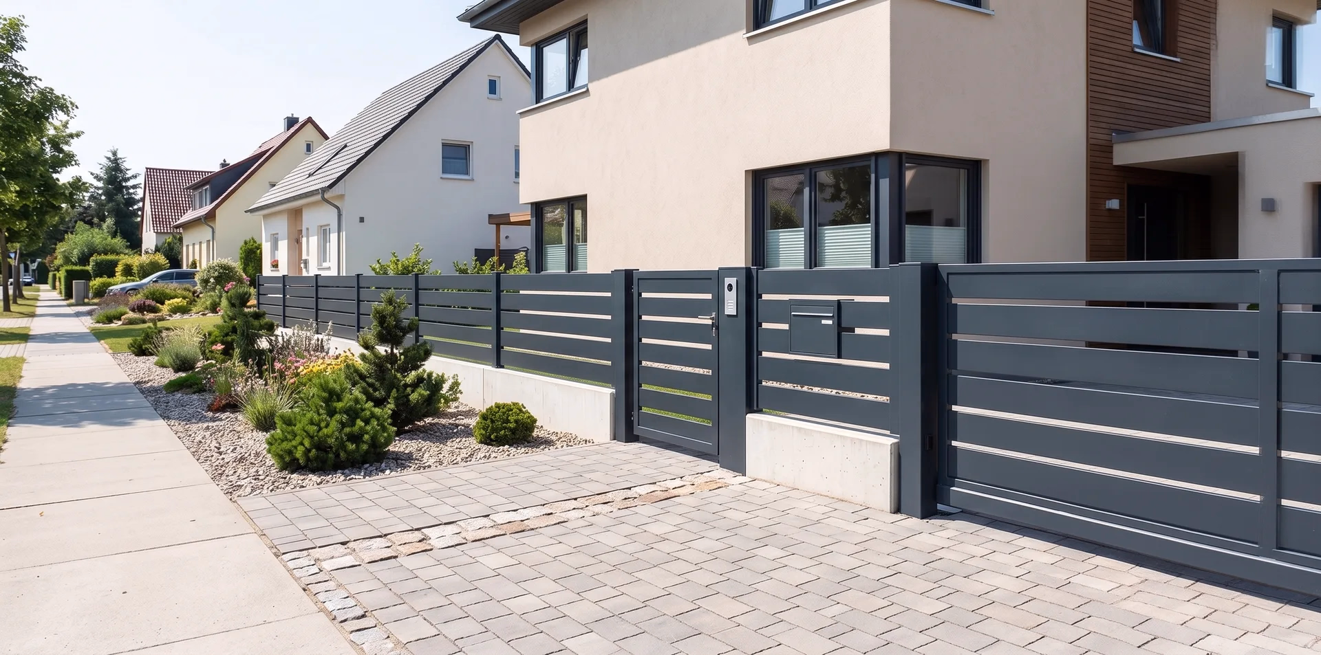 Moderner Metallzaun mit horizontalen Lamellen in Magdeburg