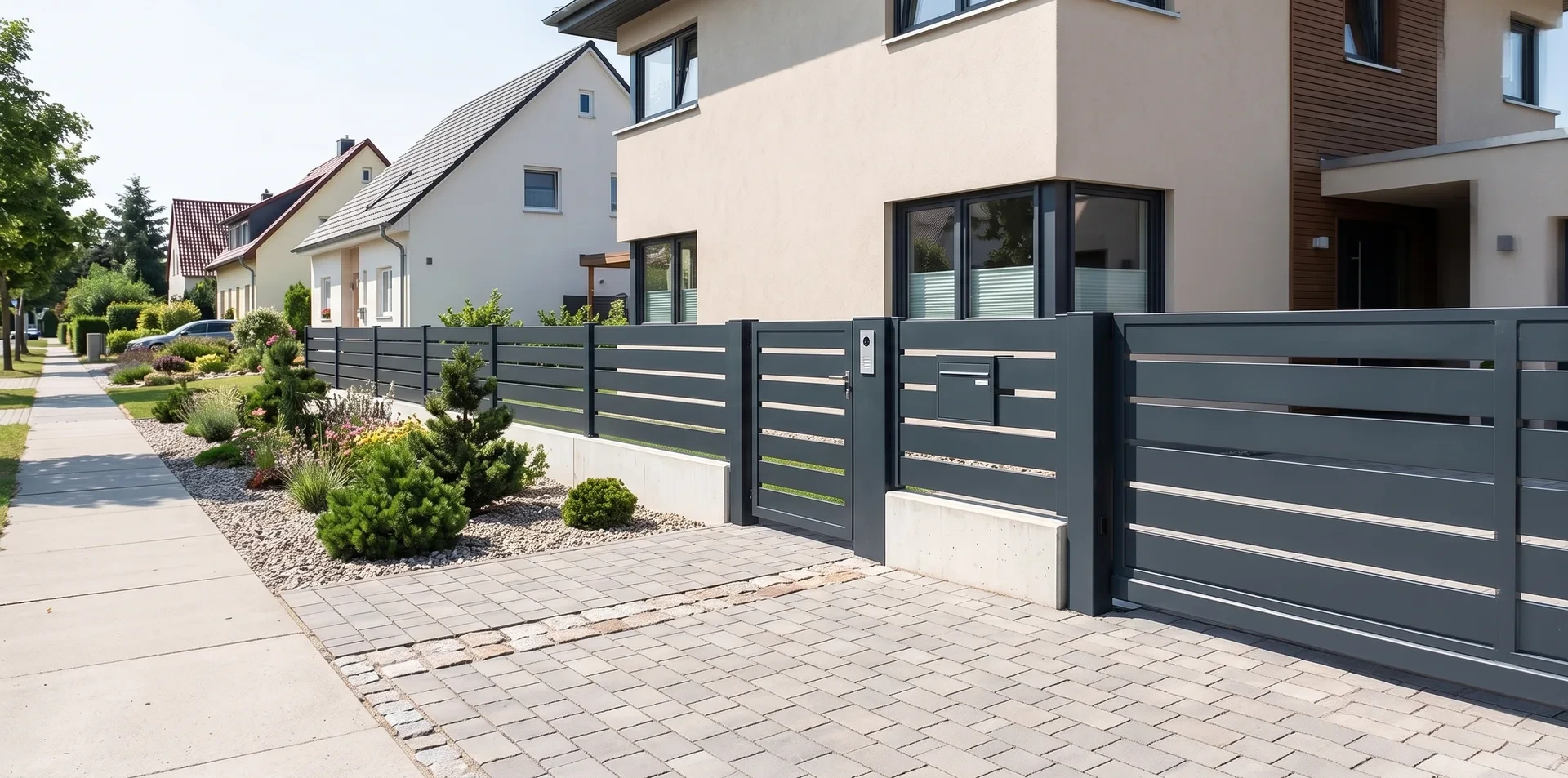 Metallzaun vor modernem Wohnhaus