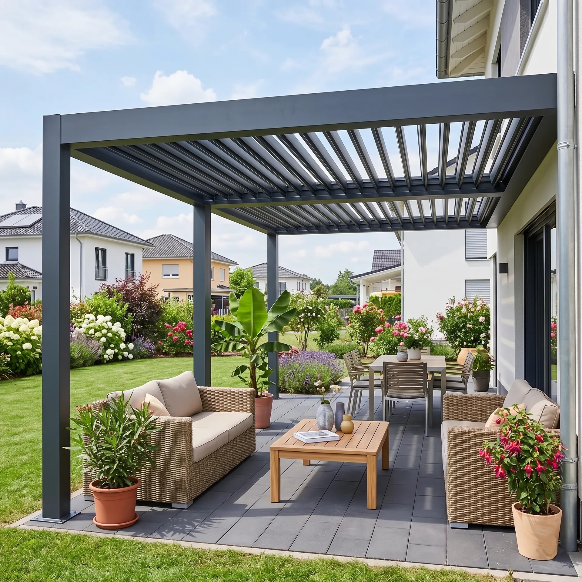 Terrassenüberdachung aus Stahl mit Lamellendach in Anthrazit in Hamburg