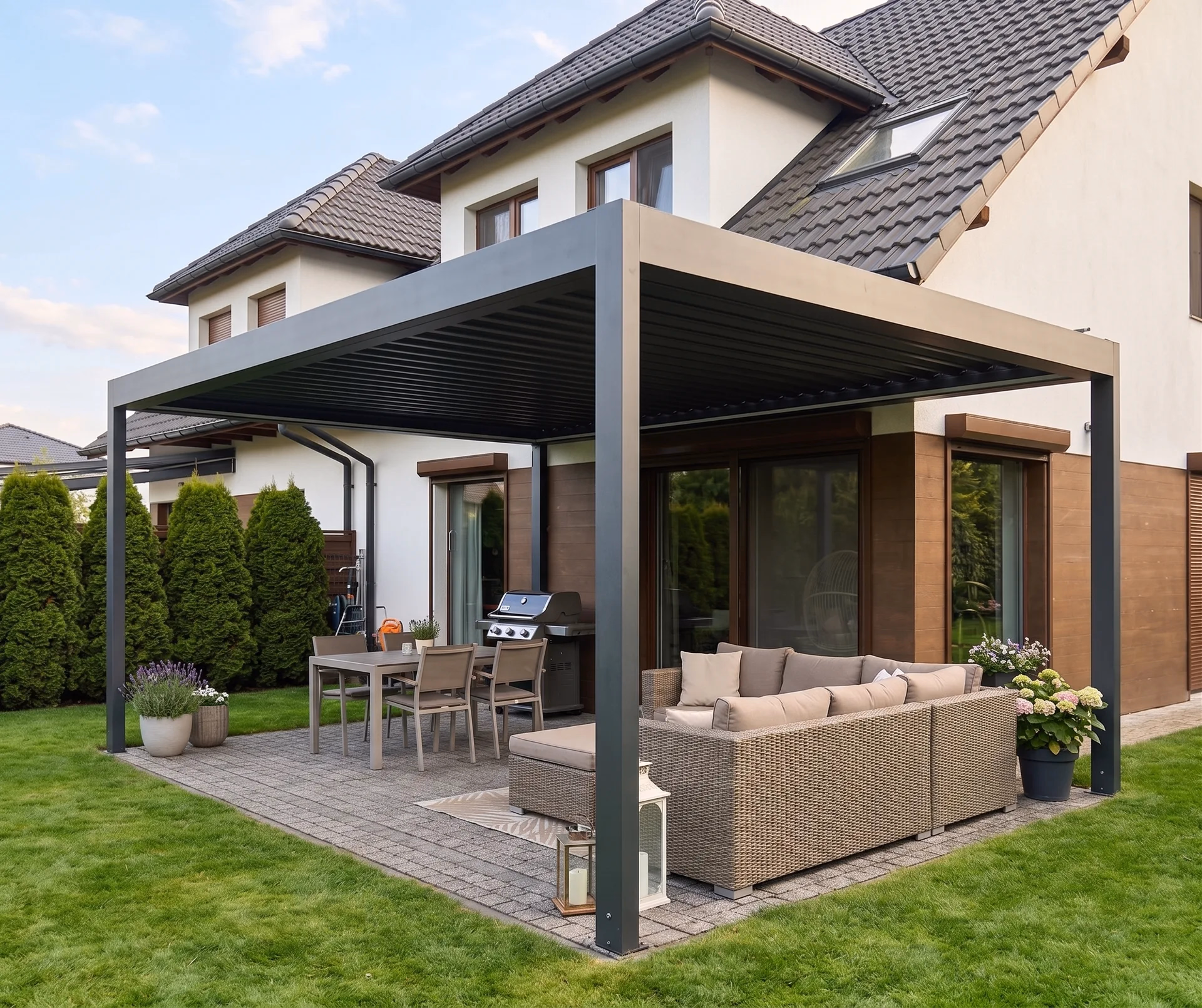 Terrassenüberdachung aus Stahl mit Lamellendach und Grillbereich in Rostock