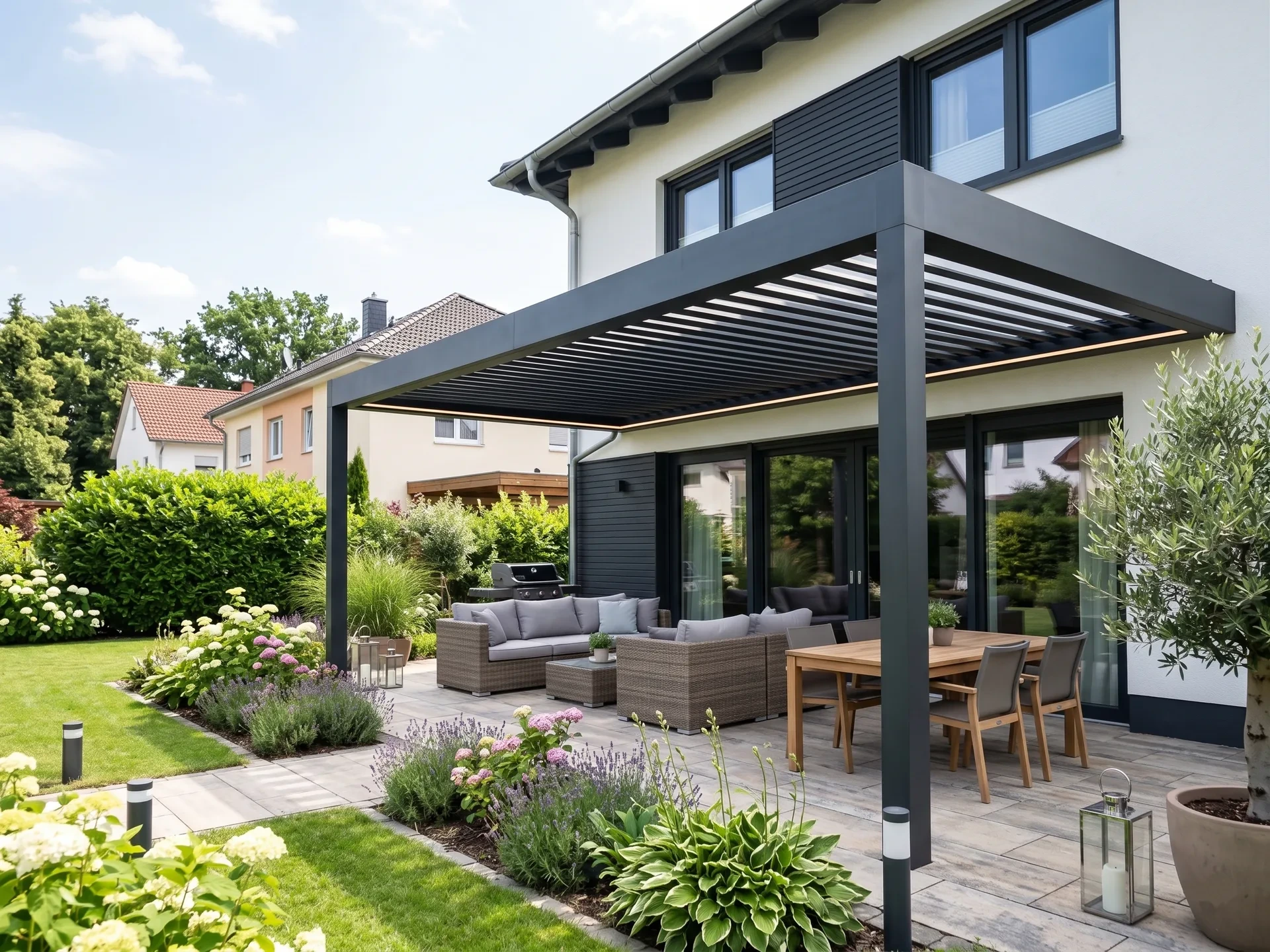 Große Terrassenüberdachung aus Stahl mit Lamellendach und Lounge in Magdeburg
