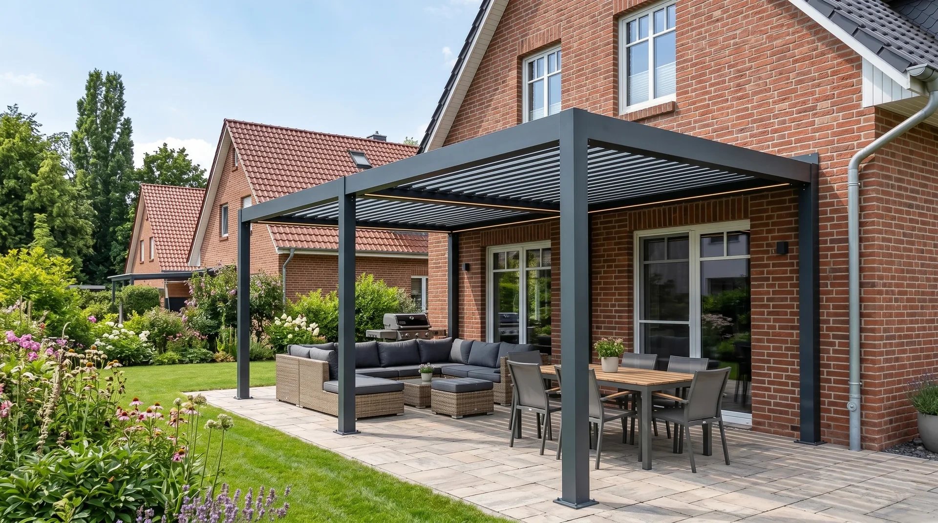 Terrassenüberdachung aus Stahl mit Lamellendach und Lounge an Klinkerfassade in Erfurt