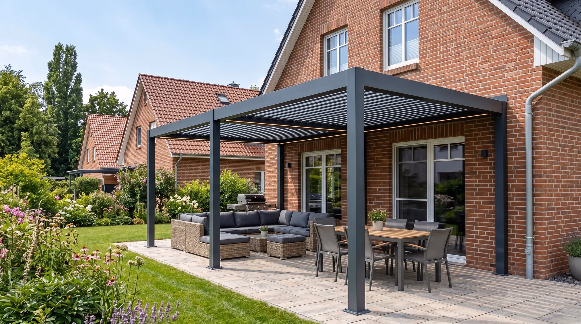 Terrassenüberdachung aus Stahl mit Lamellendach und Lounge an Klinkerfassade in Erfurt