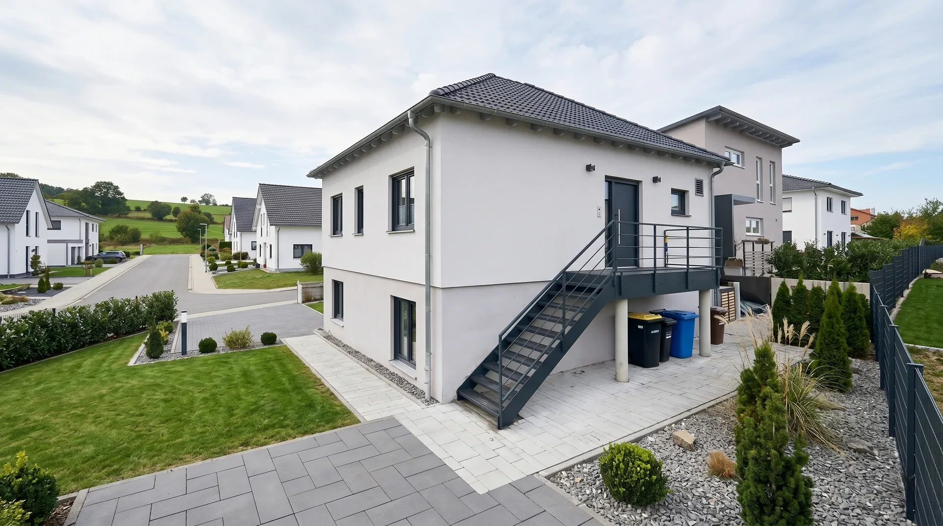 Treppengeländer aus Stahl mit horizontalen Stäben in Anthrazit an modernem Haus in Hanglage in Chemnitz