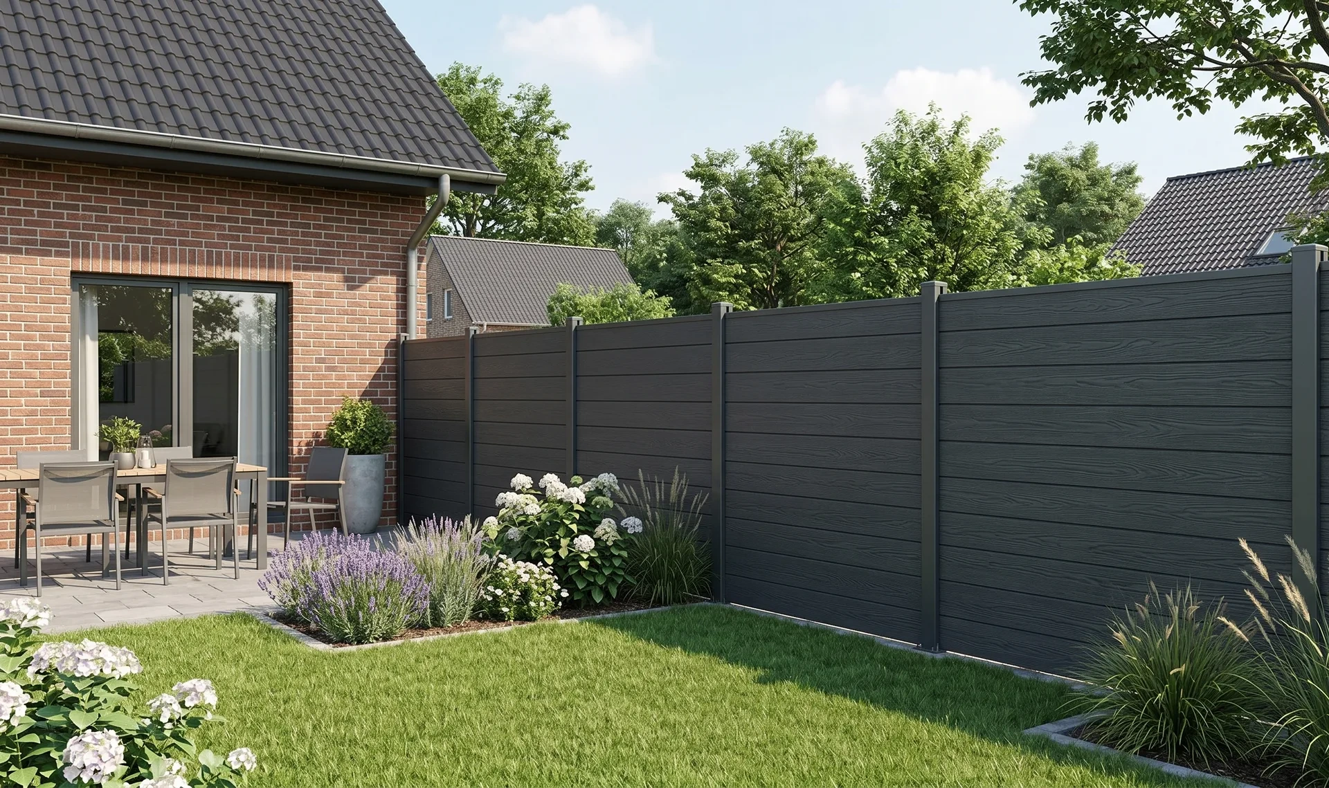 Moderner WPC-Zaun als Sichtschutz im Garten