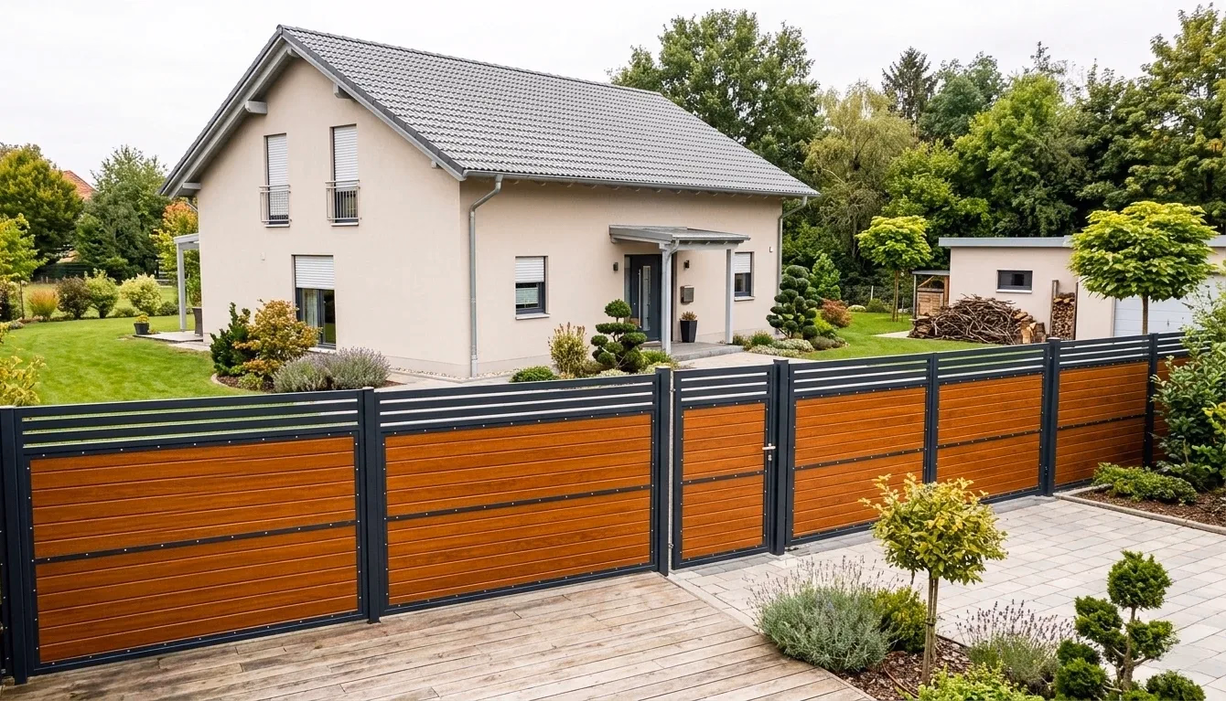 WPC-Zaun in Holzoptik Braun mit Anthrazit-Pfosten an einem Einfamilienhaus in Magdeburg