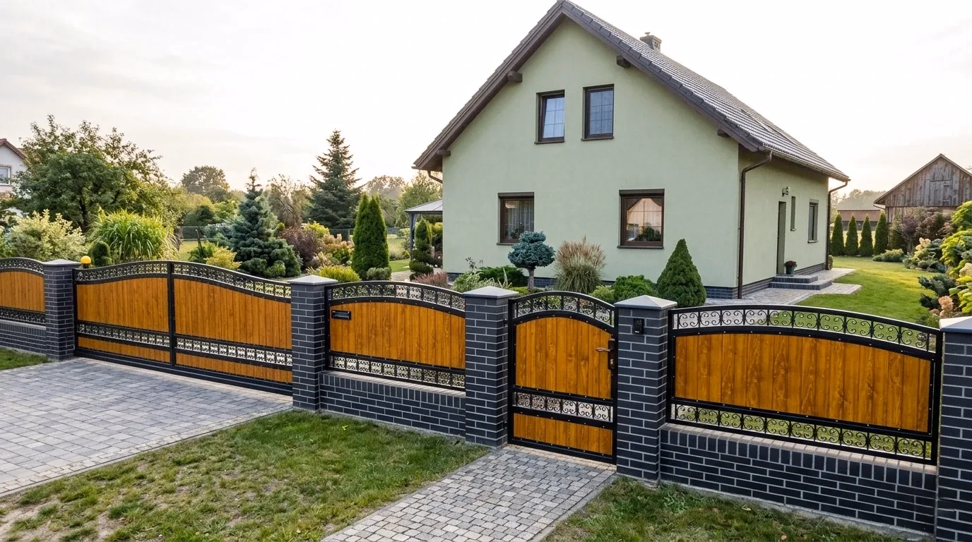 WPC-Zaun in Holzoptik mit Ornamentrahmen und Klinkerpfeilern an einem Einfamilienhaus in Erfurt